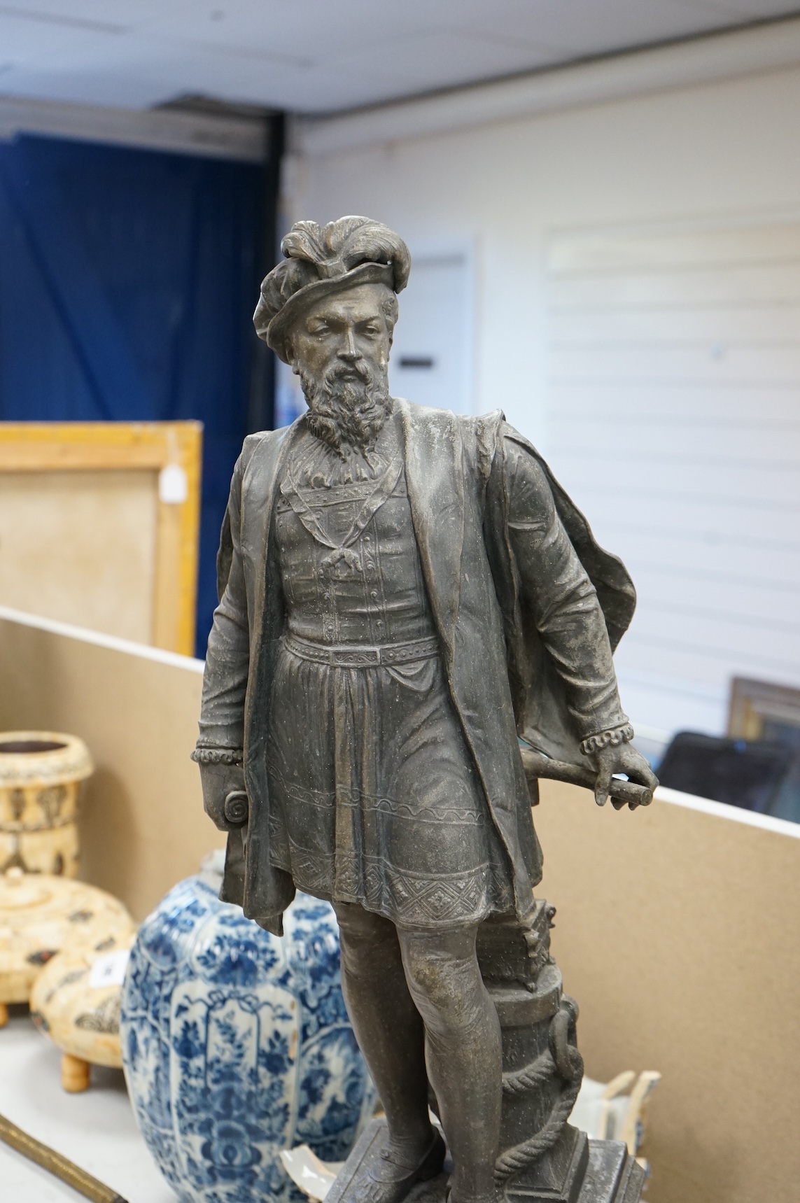 A pair of Victorian spelter figures of Columbus and Gutenberg, 73cm high (damaged)